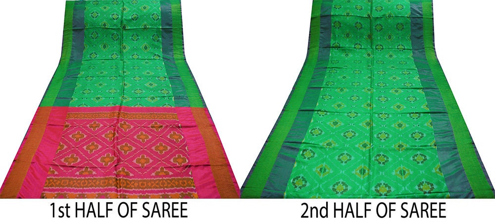 Indian Vintage Green & Pink Pure Silk Hand Woven Ikat Saree Indian Sari Fabric 5Yard Craft Ethnic Zari Premium Saree