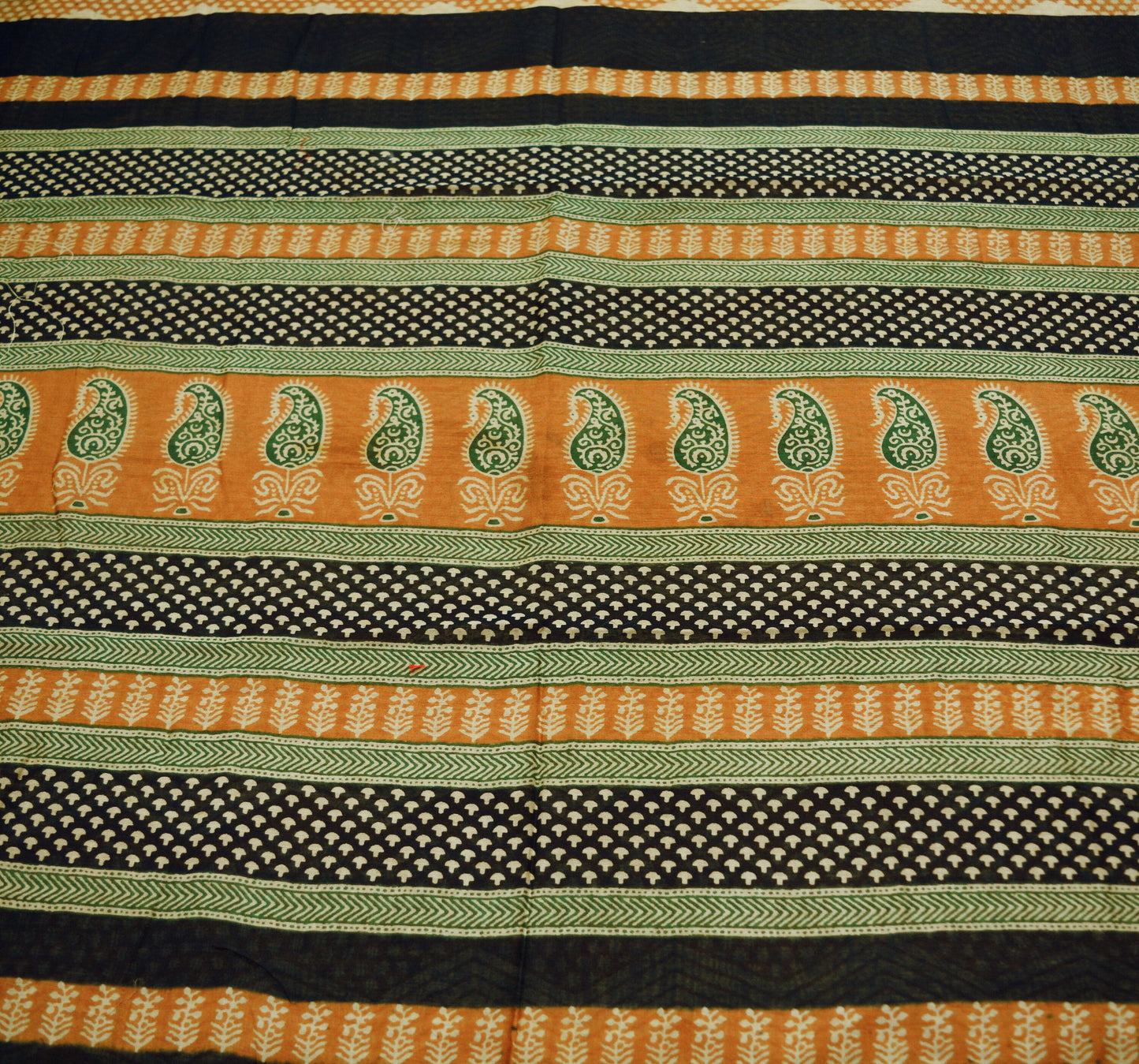 Indian Vintage SariSaffron & Black Block Printed Sari Pure chanderi Silk Saree Fabric 5Yard Floral Soft Golden Zari