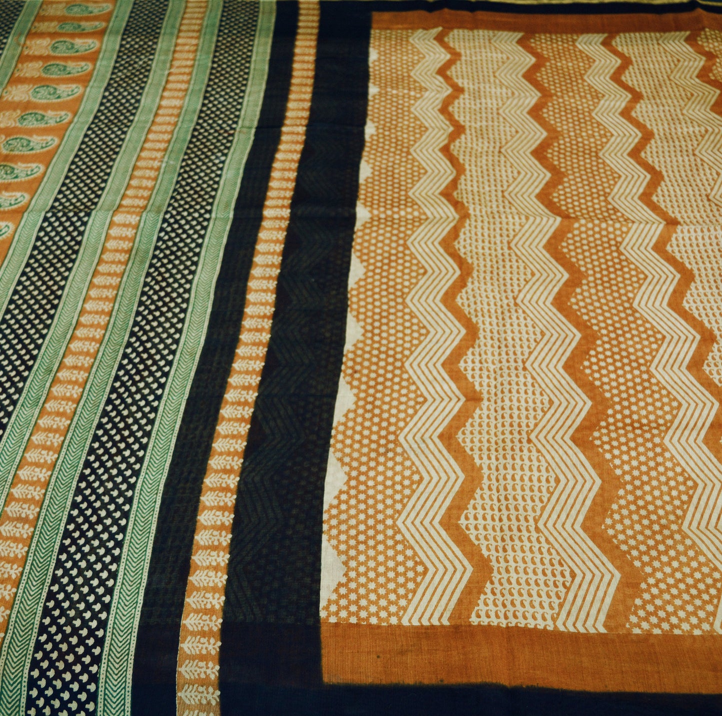 Indian Vintage SariSaffron & Black Block Printed Sari Pure chanderi Silk Saree Fabric 5Yard Floral Soft Golden Zari