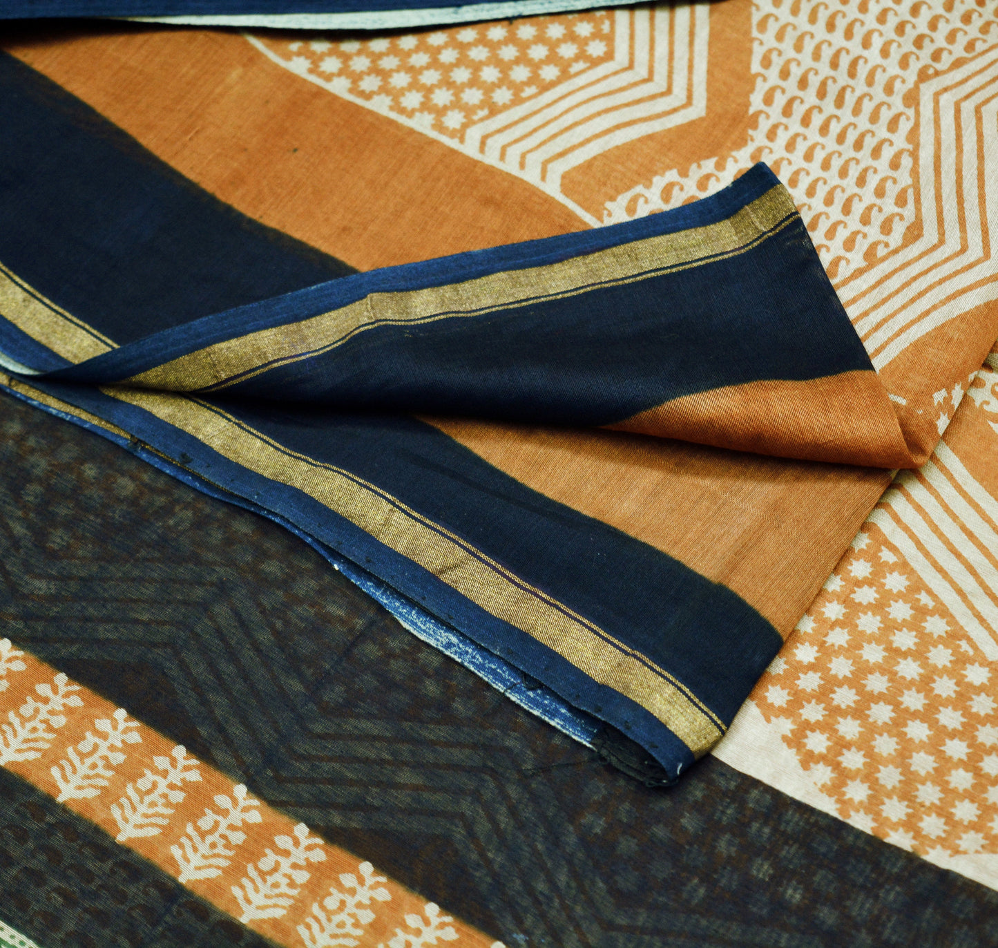 Indian Vintage SariSaffron & Black Block Printed Sari Pure chanderi Silk Saree Fabric 5Yard Floral Soft Golden Zari