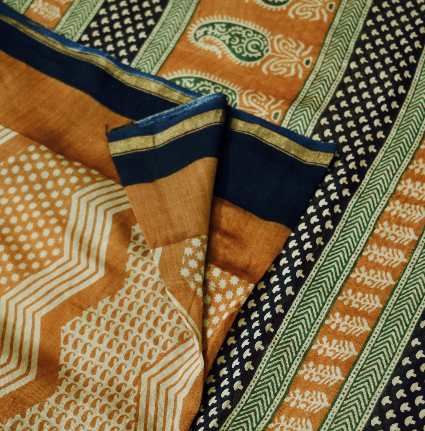 Indian Vintage SariSaffron & Black Block Printed Sari Pure chanderi Silk Saree Fabric 5Yard Floral Soft Golden Zari