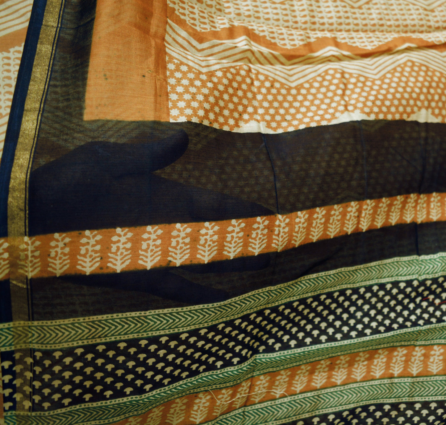 Indian Vintage SariSaffron & Black Block Printed Sari Pure chanderi Silk Saree Fabric 5Yard Floral Soft Golden Zari
