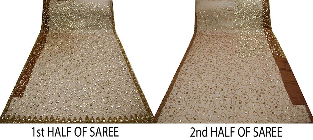 Indian Vintage Brown Saree Net/Mesh Hand Embroidered Indian Sari Fabric 6Yd Sewing Soft Zardozi/Dabka Zari Sequins