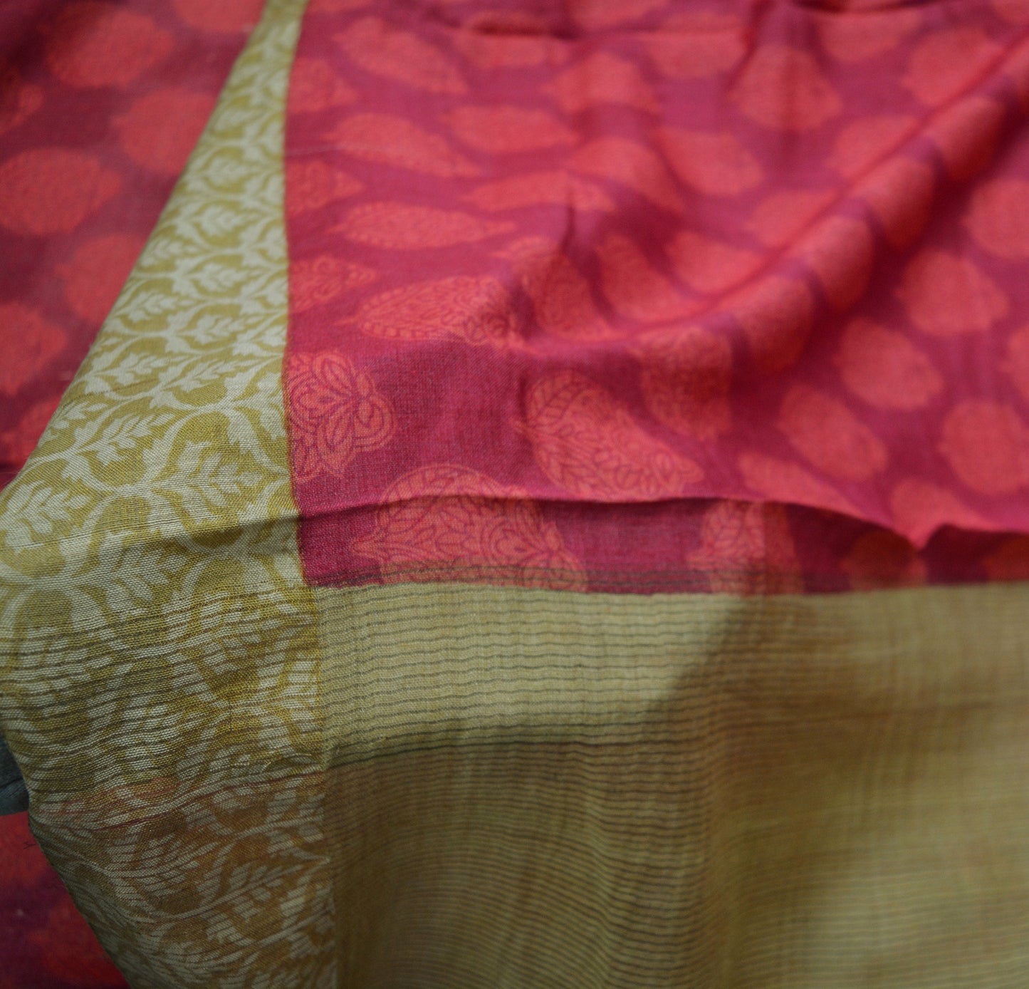 Indian Vintage Sari Pink & Peach Pure Tussar Silk Printed Saree Fabric 5yard Sewing Craft Fabric DressMaking Wrap
