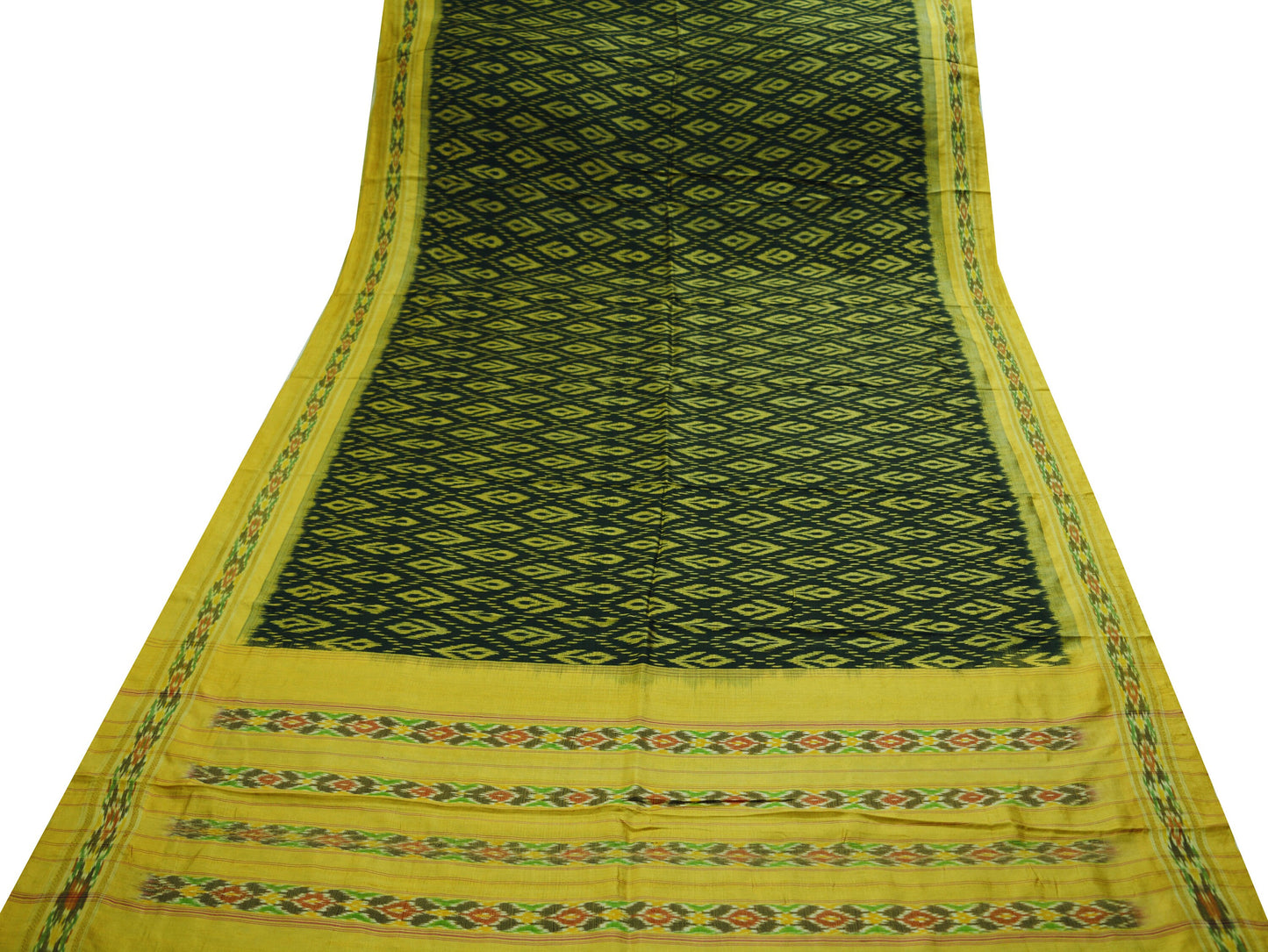 Indian Vintage Black & Yellow Pochampally Silk Saree Pure Silk Hand Woven Ikat Patola Indian Sari Fabric 5Yard Craft Ethnic Zari Border