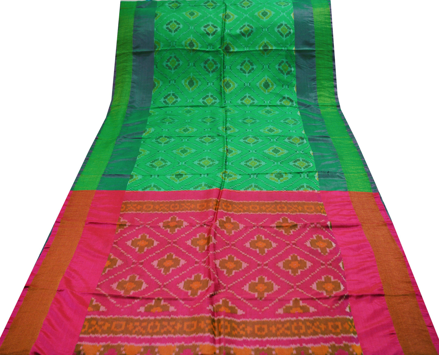 Indian Vintage Green & Pink Pure Silk Hand Woven Ikat Saree Indian Sari Fabric 5Yard Craft Ethnic Zari Premium Saree