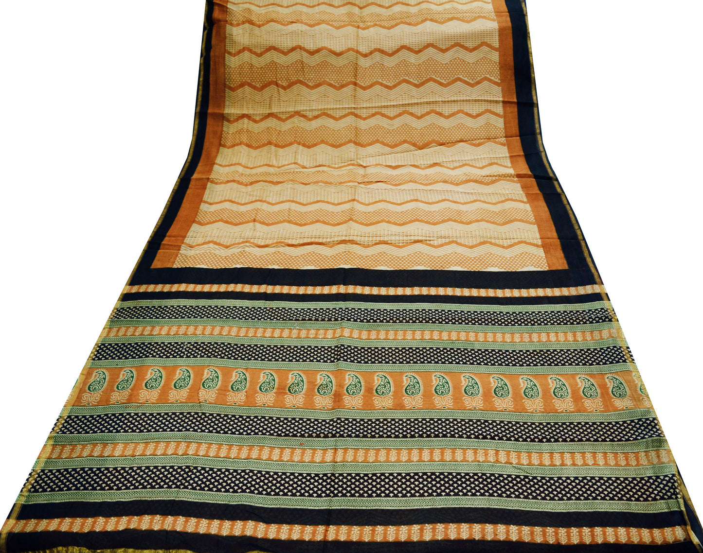 Indian Vintage SariSaffron & Black Block Printed Sari Pure chanderi Silk Saree Fabric 5Yard Floral Soft Golden Zari