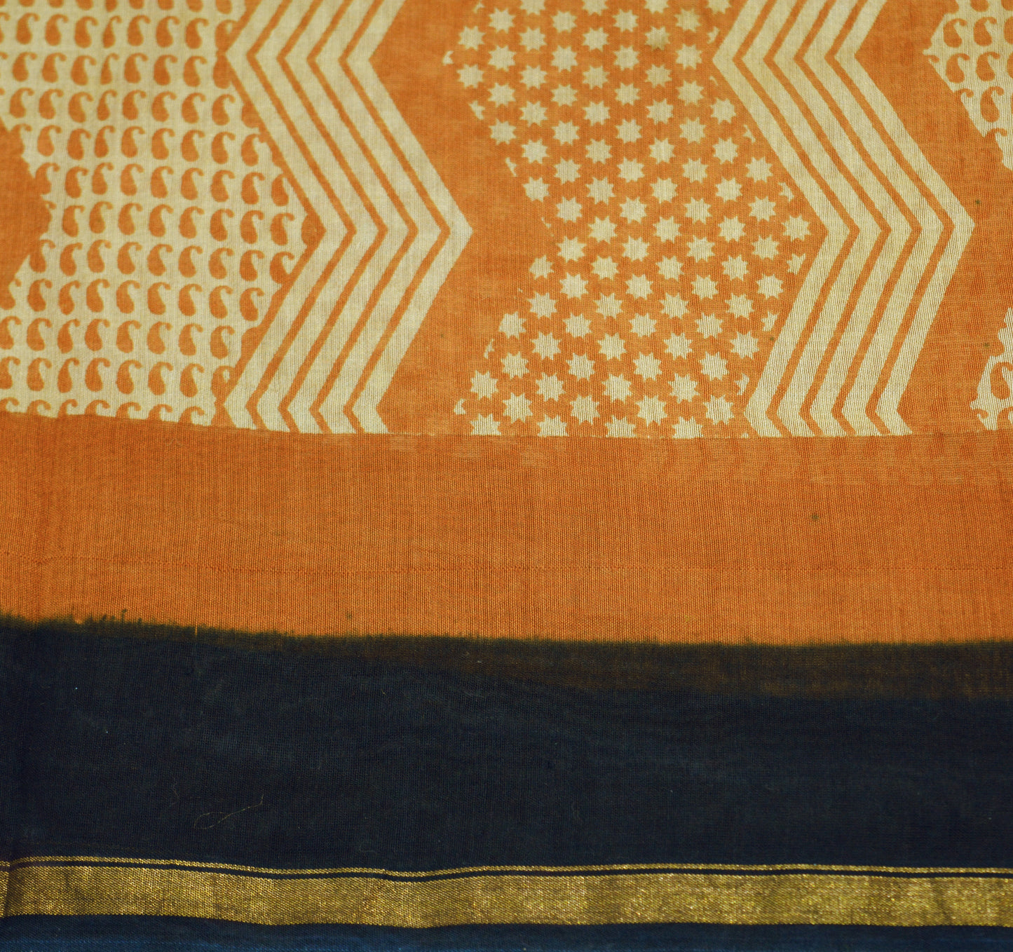 Indian Vintage SariSaffron & Black Block Printed Sari Pure chanderi Silk Saree Fabric 5Yard Floral Soft Golden Zari