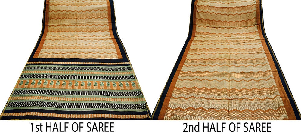 Indian Vintage SariSaffron & Black Block Printed Sari Pure chanderi Silk Saree Fabric 5Yard Floral Soft Golden Zari