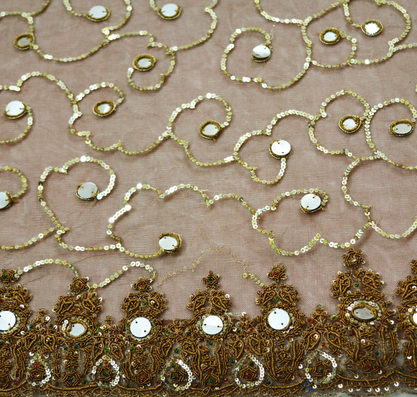 Indian Vintage Brown Saree Net/Mesh Hand Embroidered Indian Sari Fabric 6Yd Sewing Soft Zardozi/Dabka Zari Sequins
