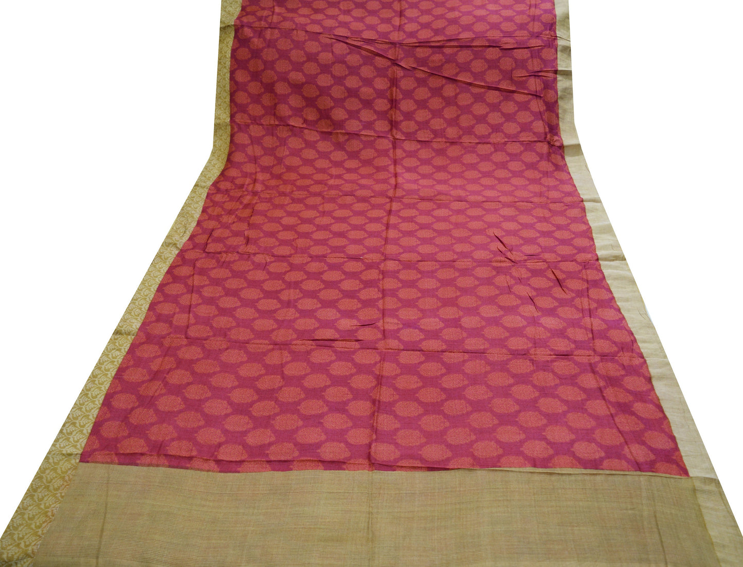 Indian Vintage Sari Pink & Peach Pure Tussar Silk Printed Saree Fabric 5yard Sewing Craft Fabric DressMaking Wrap