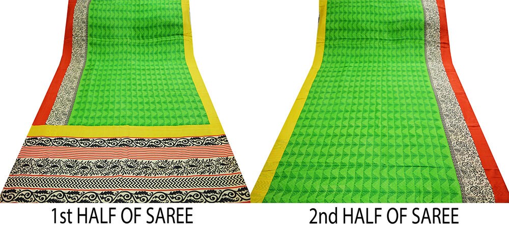Indian Vintage Sari Green Pure Silk Printed Saree Craft Fabric 5yd Sewing Quilting DressMaking Soft Floral Design