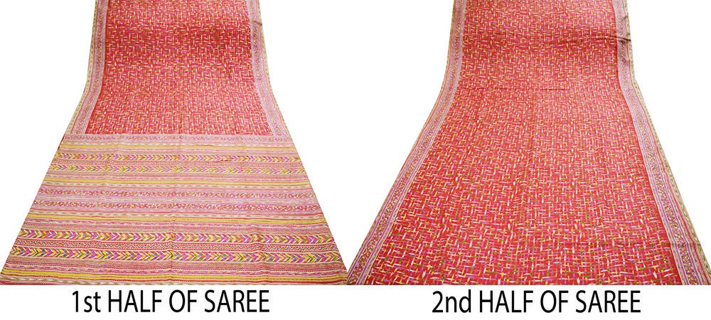 Indian Vintage Sari Red 100% Pure Silk Printed Saree Fabric 6yard Sewing Craft DressMaking Soft Floral