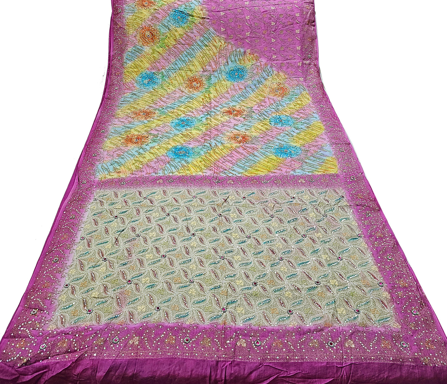 Indian Vintage Sari Pure Tussar Silk Hand Embroidered Sarees Fabric 5Yard Sewing Ethnic