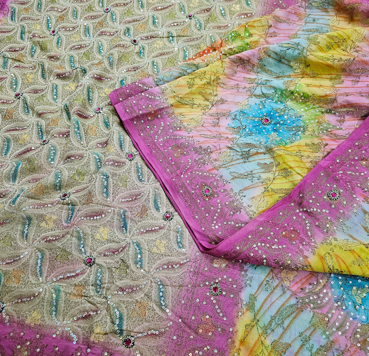Indian Vintage Sari Pure Tussar Silk Hand Embroidered Sarees Fabric 5Yard Sewing Ethnic