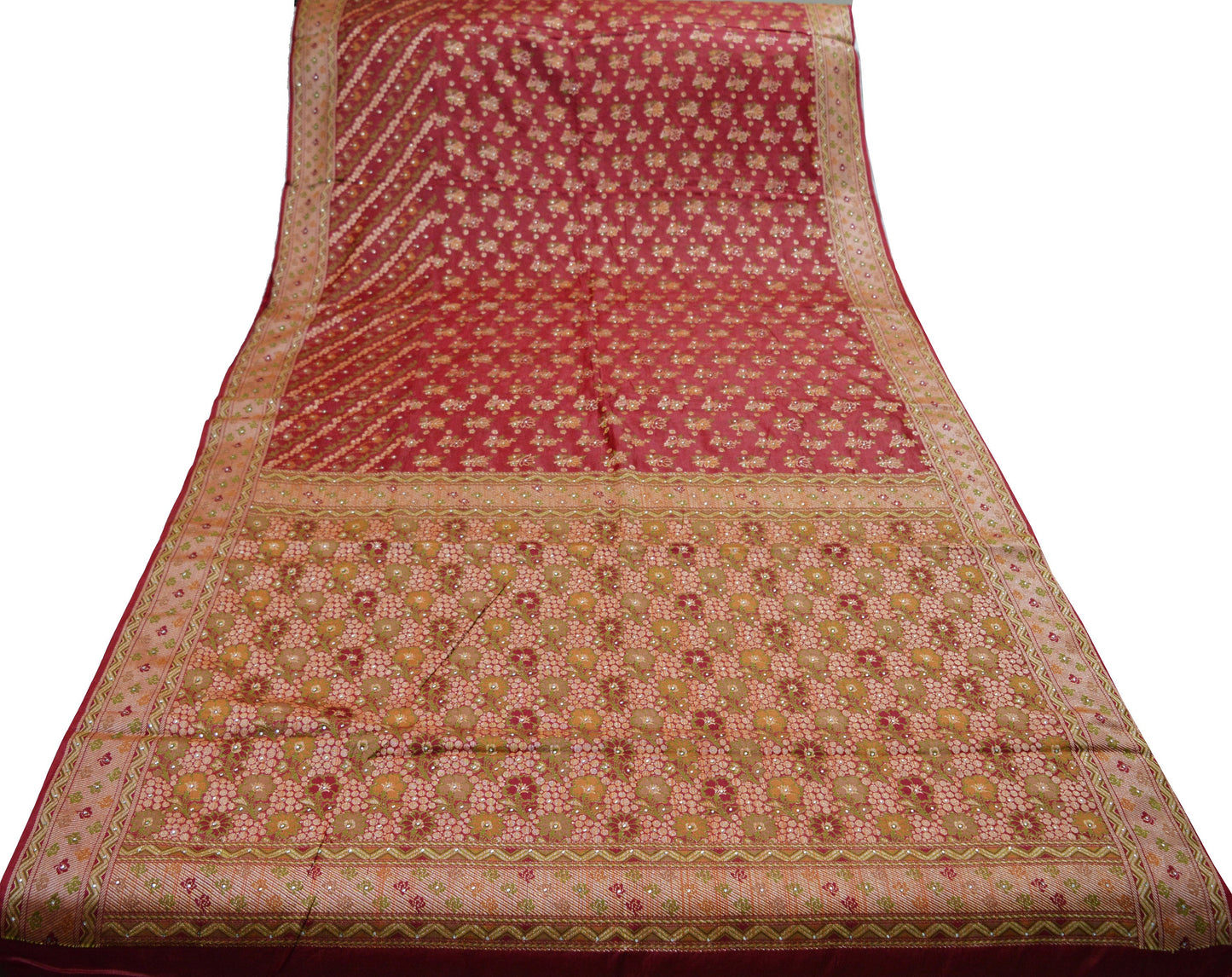 Indian Vintage Sari Red Pure Tussar Silk Hand Woven Sarees Fabric 5Yard Sewing Ethnic Floral