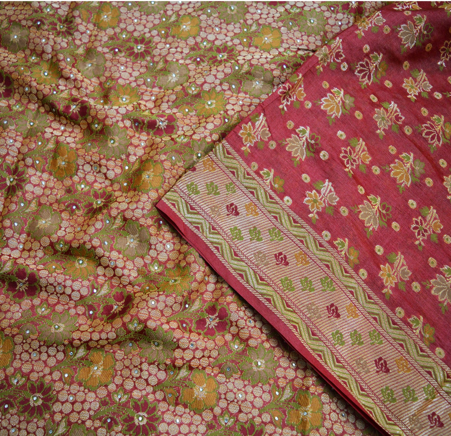 Indian Vintage Sari Red Pure Tussar Silk Hand Woven Sarees Fabric 5Yard Sewing Ethnic Floral