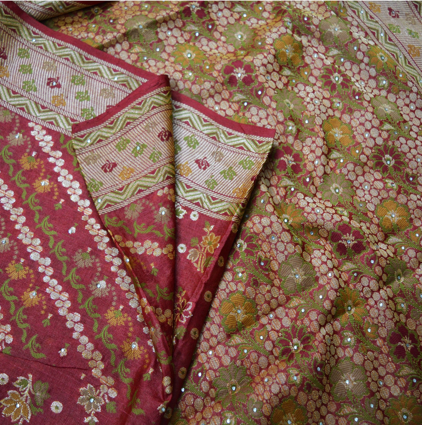 Indian Vintage Sari Red Pure Tussar Silk Hand Woven Sarees Fabric 5Yard Sewing Ethnic Floral