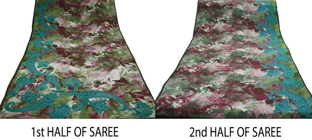 Indian Vintage Sari Green & Maroon Pure Crepe Silk Printed Saree 5yd Sewing Floral Wrap