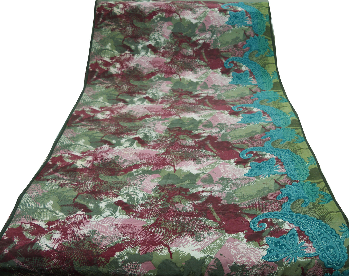 Indian Vintage Sari Green & Maroon Pure Crepe Silk Printed Saree 5yd Sewing Floral Wrap
