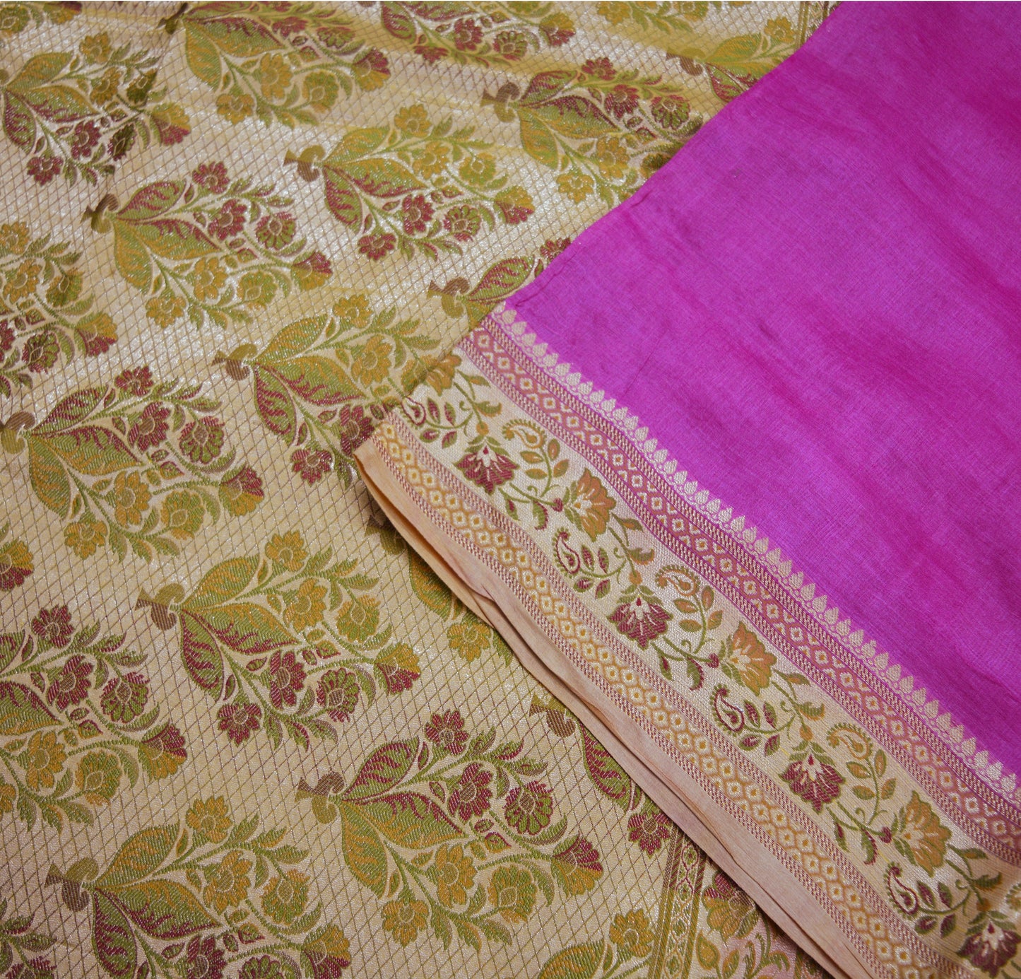 Indian Vintage Sari Magenta Pure Tussar Silk Hand Woven Sarees Craft Fabric 5Yard Sewing Ethnic Floral