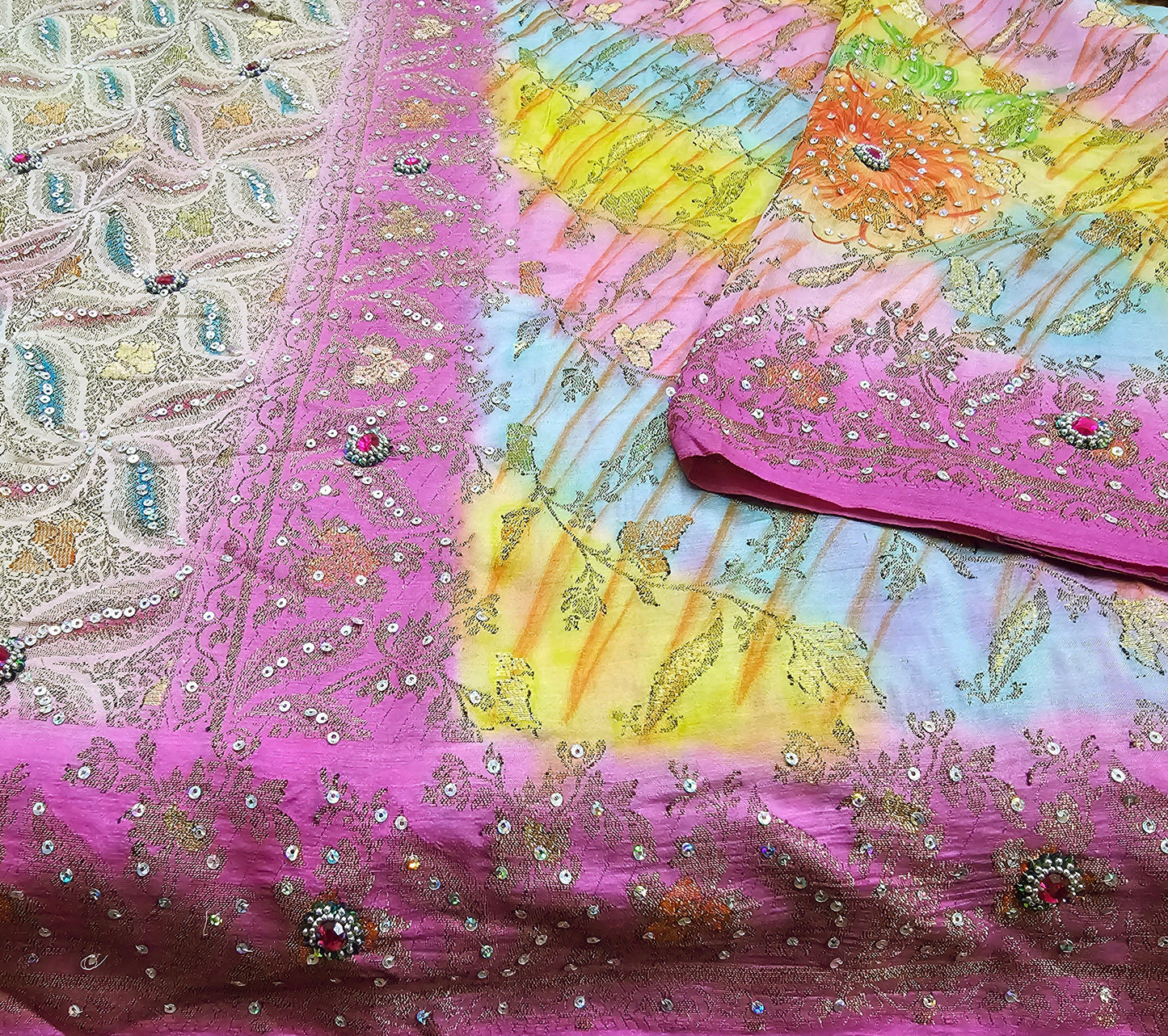 Indian Vintage Sari Pure Tussar Silk Hand Embroidered Sarees Fabric 5Yard Sewing Ethnic