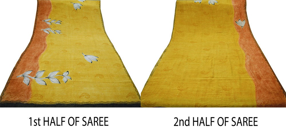 Indian Vintage Sari Pure Crepe Silk Printed Saree Craft Fabric 5yd Sewing Floral Wrap