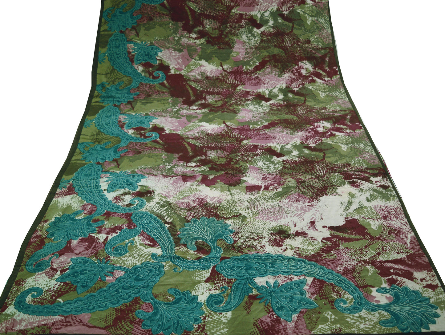 Indian Vintage Sari Green & Maroon Pure Crepe Silk Printed Saree 5yd Sewing Floral Wrap