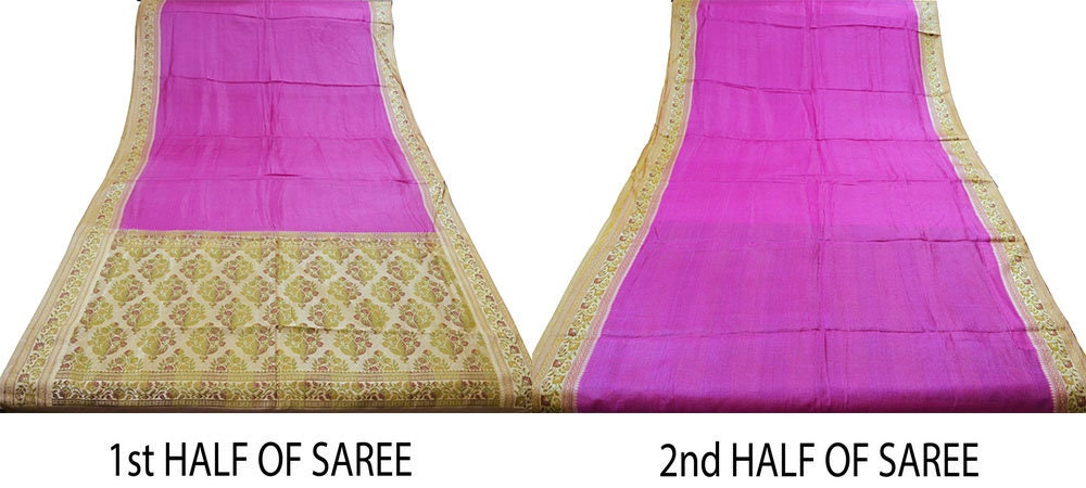 Indian Vintage Sari Magenta Pure Tussar Silk Hand Woven Sarees Craft Fabric 5Yard Sewing Ethnic Floral