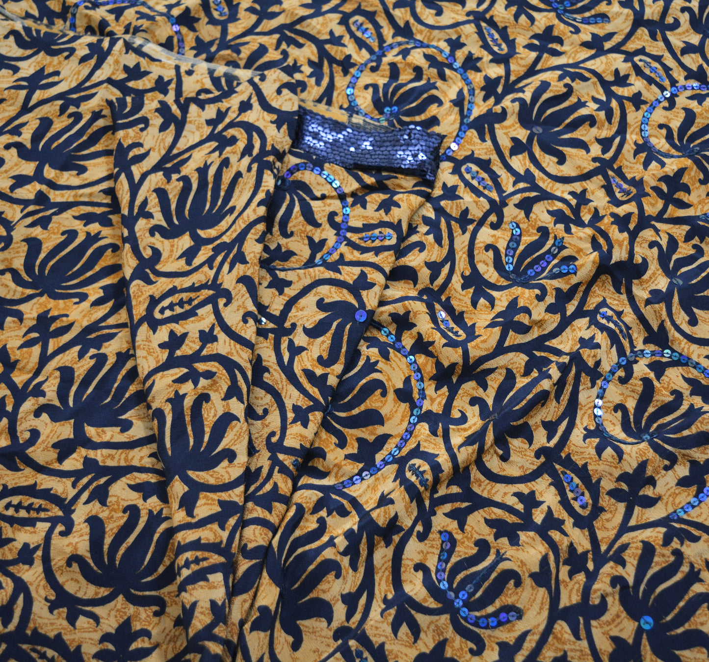Indian Vintage Sari Saffron Pure Crepe Silk Hand Embroidered Saree 5yard Sewing Floral Craft Sequins