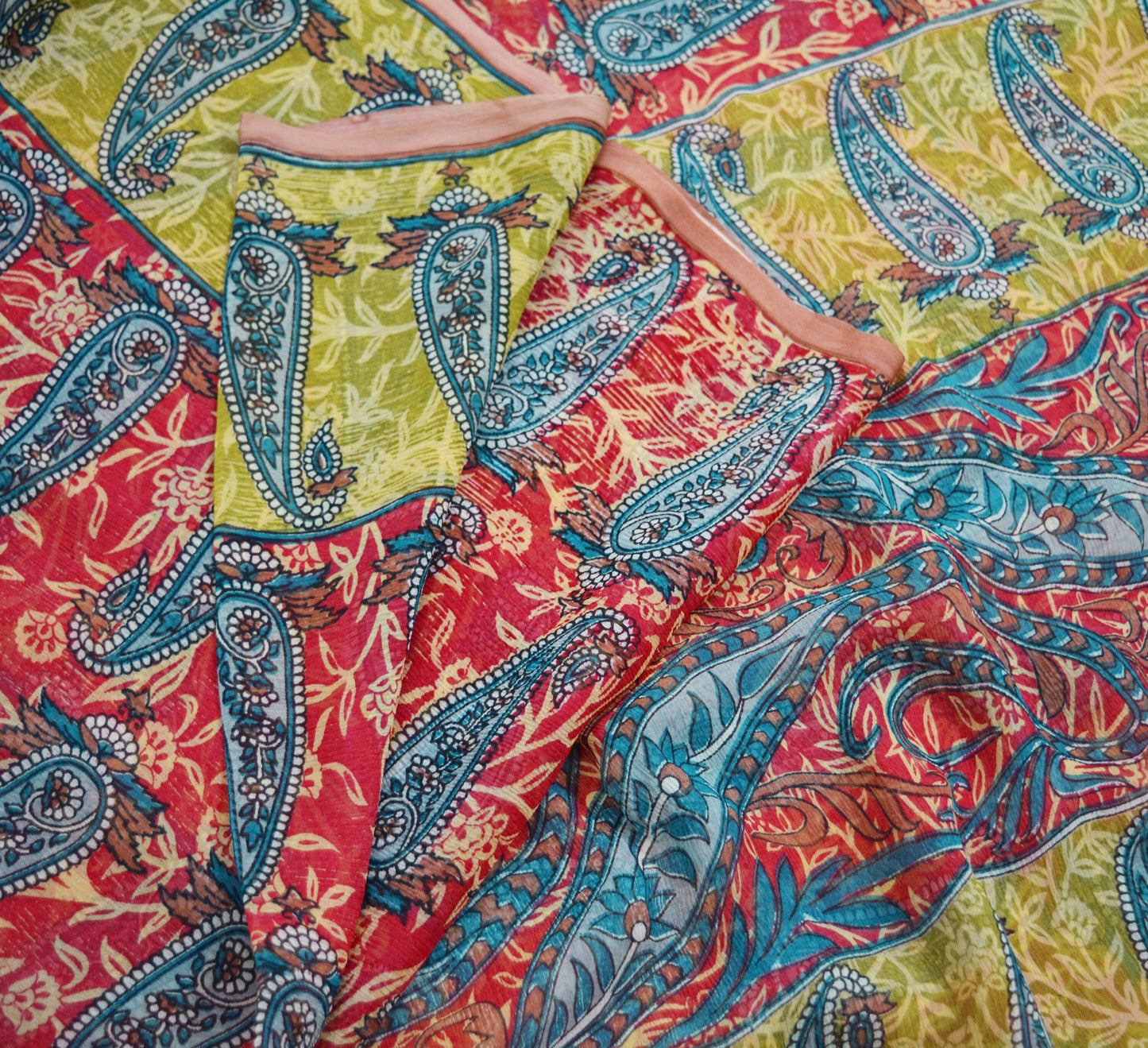 Women Vintage Sari Green & Red Pure Chiffon Silk Printed Saree Craft Fabric Sewing 5Yd Soft Light Sari Dress Making Floral