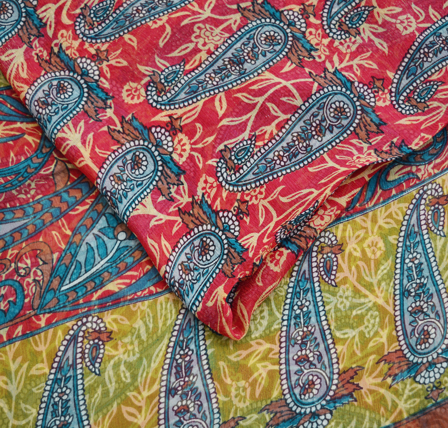 Women Vintage Sari Green & Red Pure Chiffon Silk Printed Saree Craft Fabric Sewing 5Yd Soft Light Sari Dress Making Floral