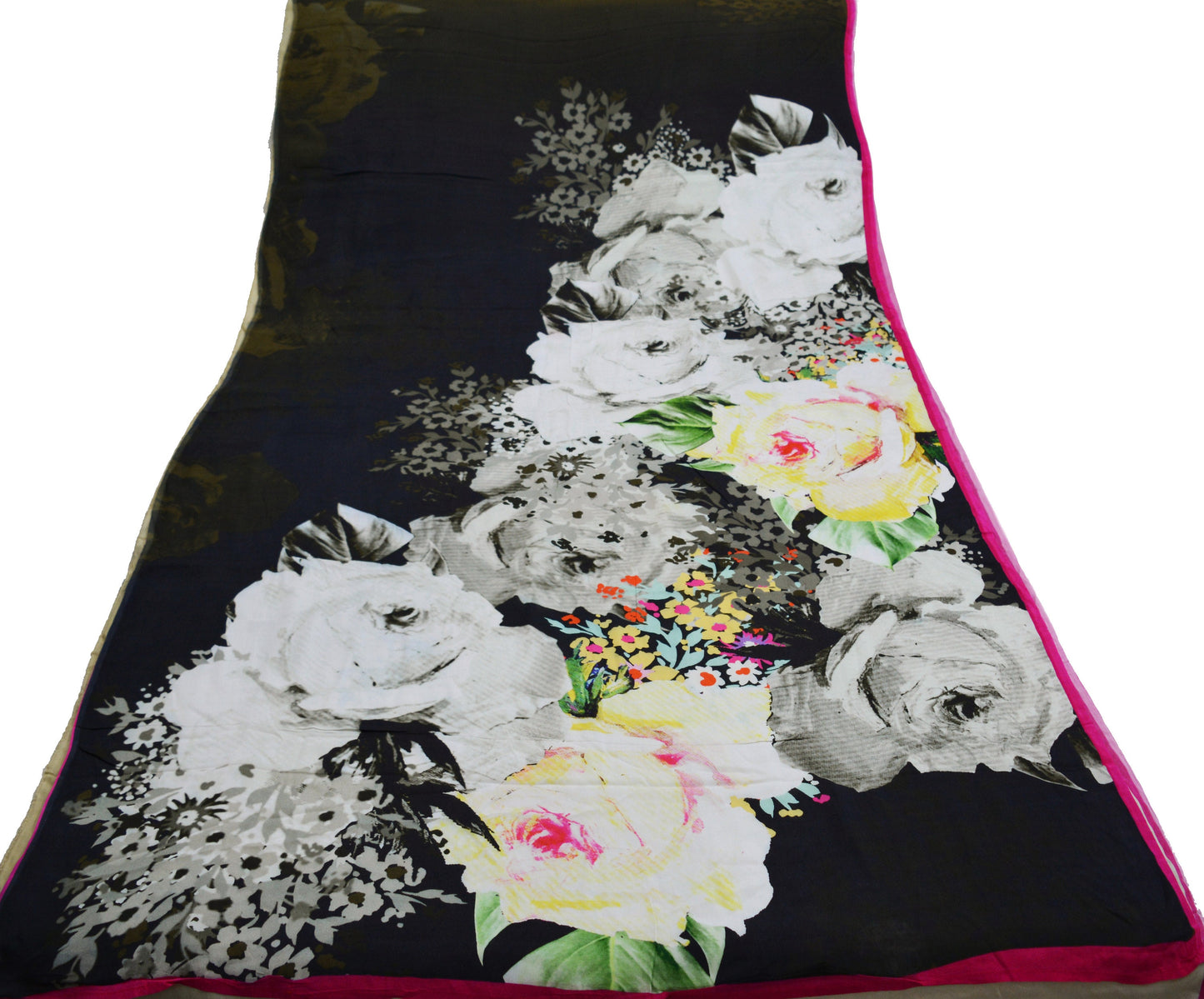 Vintage Green & Black Saree Blend Silk Digital Printed Sari Sewing 5yd Craft Soft Floral Crafting Dress Making