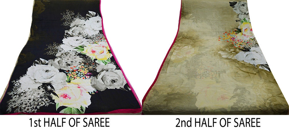 Vintage Green & Black Saree Blend Silk Digital Printed Sari Sewing 5yd Craft Soft Floral Crafting Dress Making
