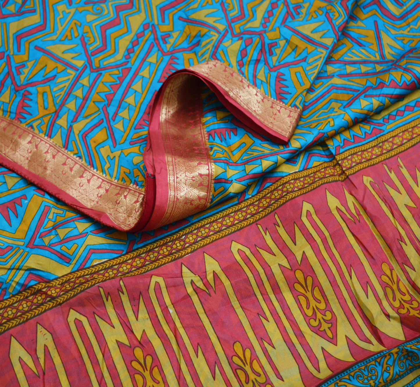 Indian Vintage Sari Pink & Blue 100% Pure Silk Printed Saree Fabric 5yard Sewing Craft DressMaking Soft Floral Zari