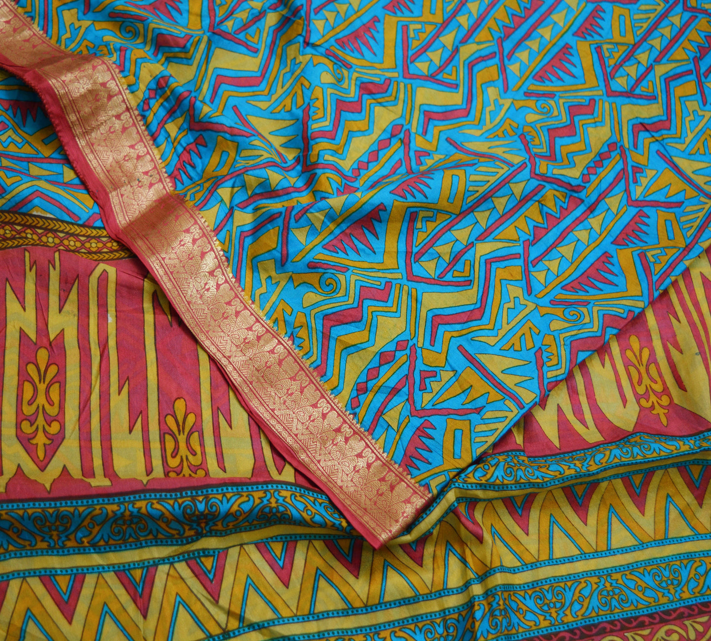 Indian Vintage Sari Pink & Blue 100% Pure Silk Printed Saree Fabric 5yard Sewing Craft DressMaking Soft Floral Zari