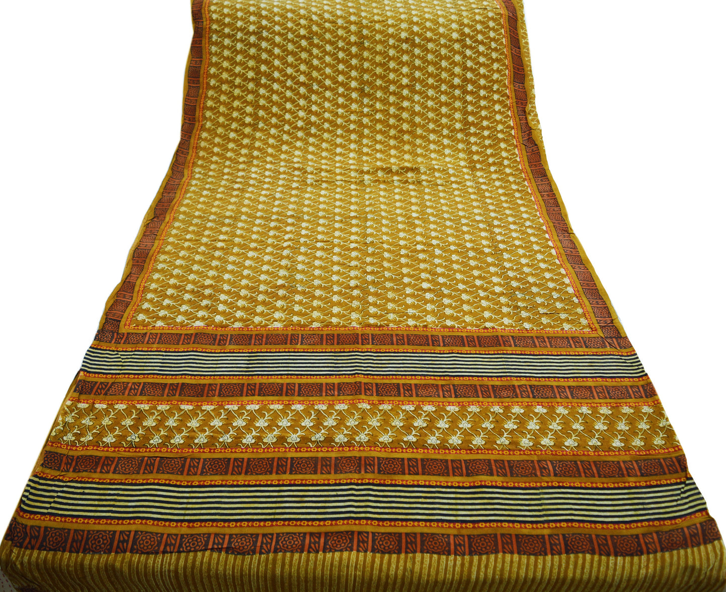 Indian Vintage Sari Mustard Pure Crepe Silk Block Printed Saree 5yard Sewing Floral Soft Craft Fabric Wrap