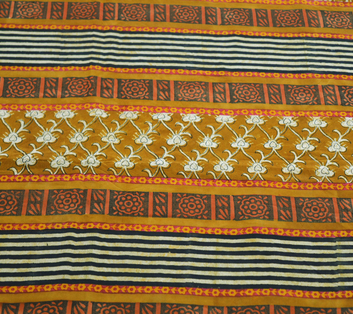 Indian Vintage Sari Mustard Pure Crepe Silk Block Printed Saree 5yard Sewing Floral Soft Craft Fabric Wrap