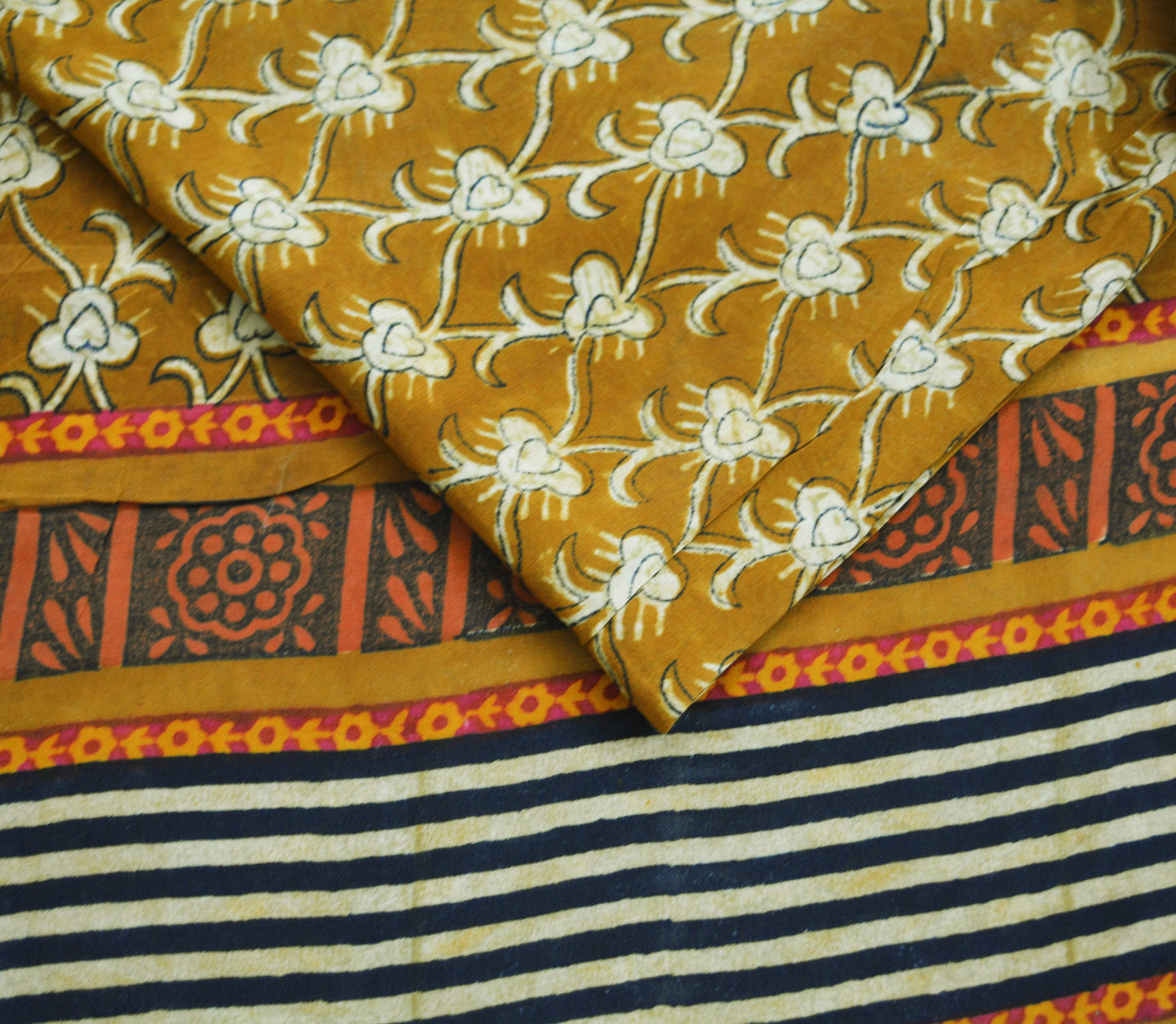 Indian Vintage Sari Mustard Pure Crepe Silk Block Printed Saree 5yard Sewing Floral Soft Craft Fabric Wrap