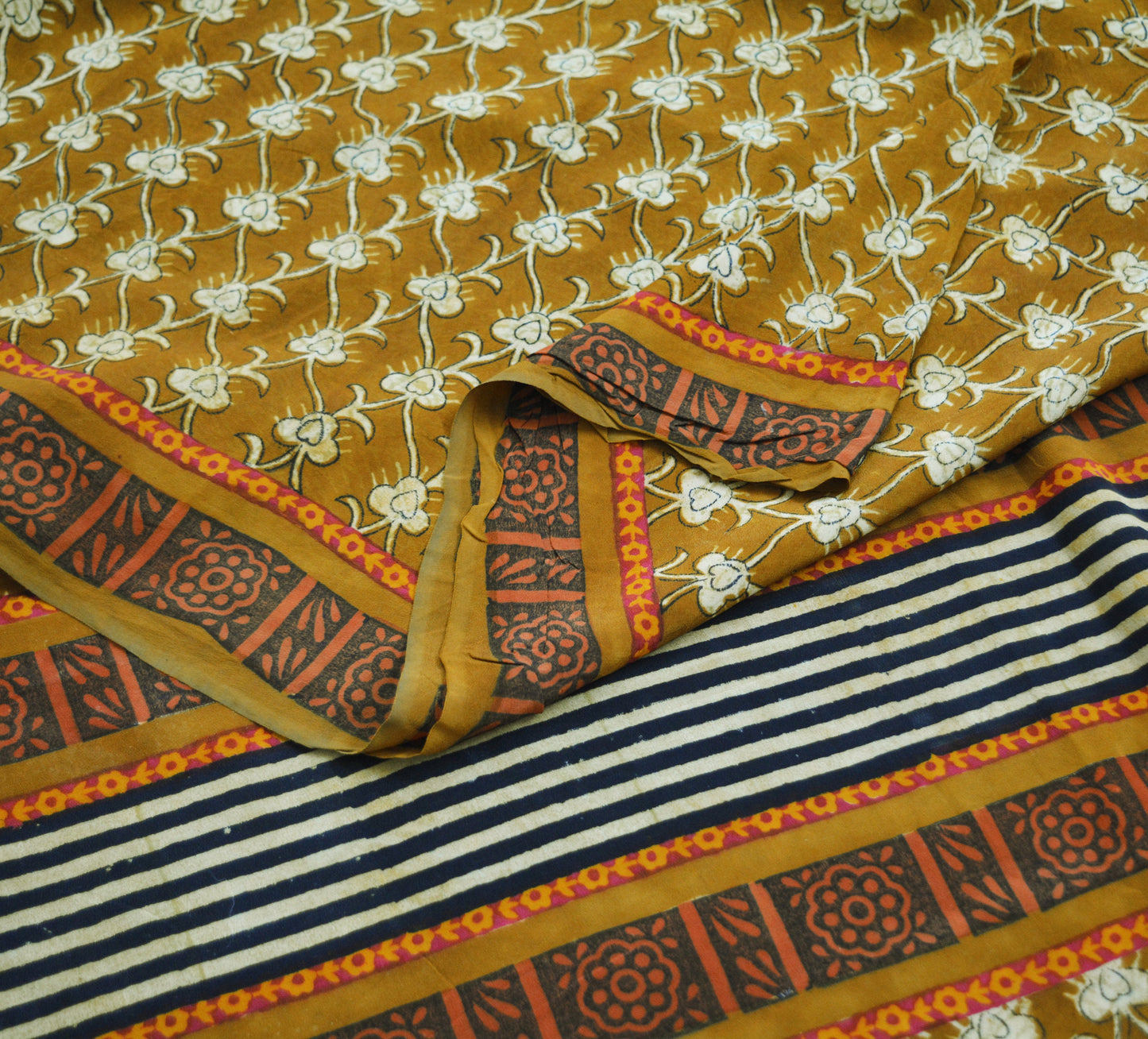Indian Vintage Sari Mustard Pure Crepe Silk Block Printed Saree 5yard Sewing Floral Soft Craft Fabric Wrap