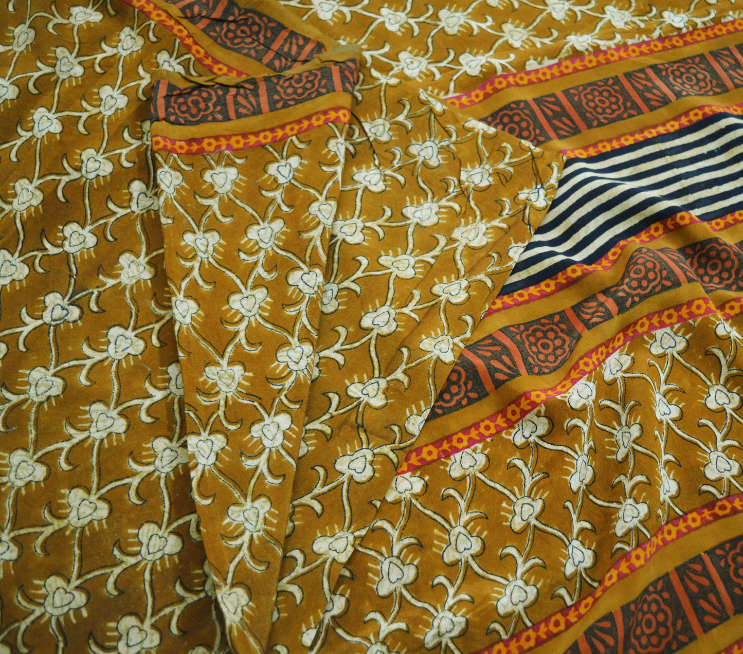 Indian Vintage Sari Mustard Pure Crepe Silk Block Printed Saree 5yard Sewing Floral Soft Craft Fabric Wrap