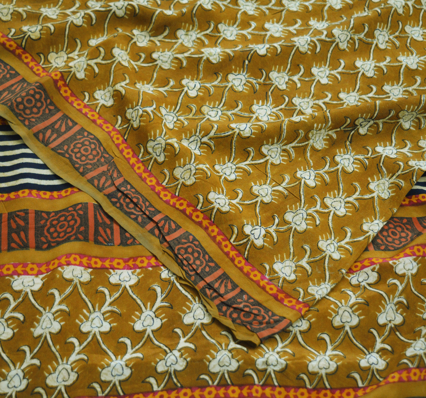 Indian Vintage Sari Mustard Pure Crepe Silk Block Printed Saree 5yard Sewing Floral Soft Craft Fabric Wrap