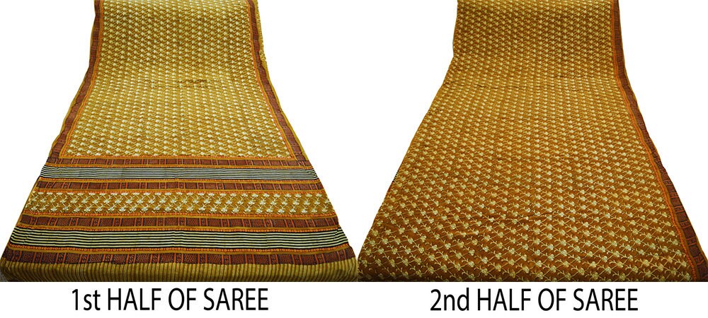 Indian Vintage Sari Mustard Pure Crepe Silk Block Printed Saree 5yard Sewing Floral Soft Craft Fabric Wrap