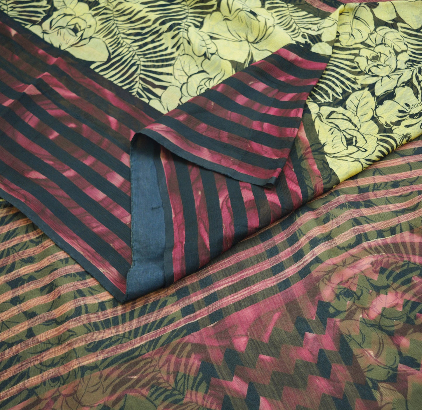 Women Vintage Sari Beige & Black Pure Chiffon Silk Printed Saree Craft Fabric Sewing 5Yard Soft Light Sari Dress Making