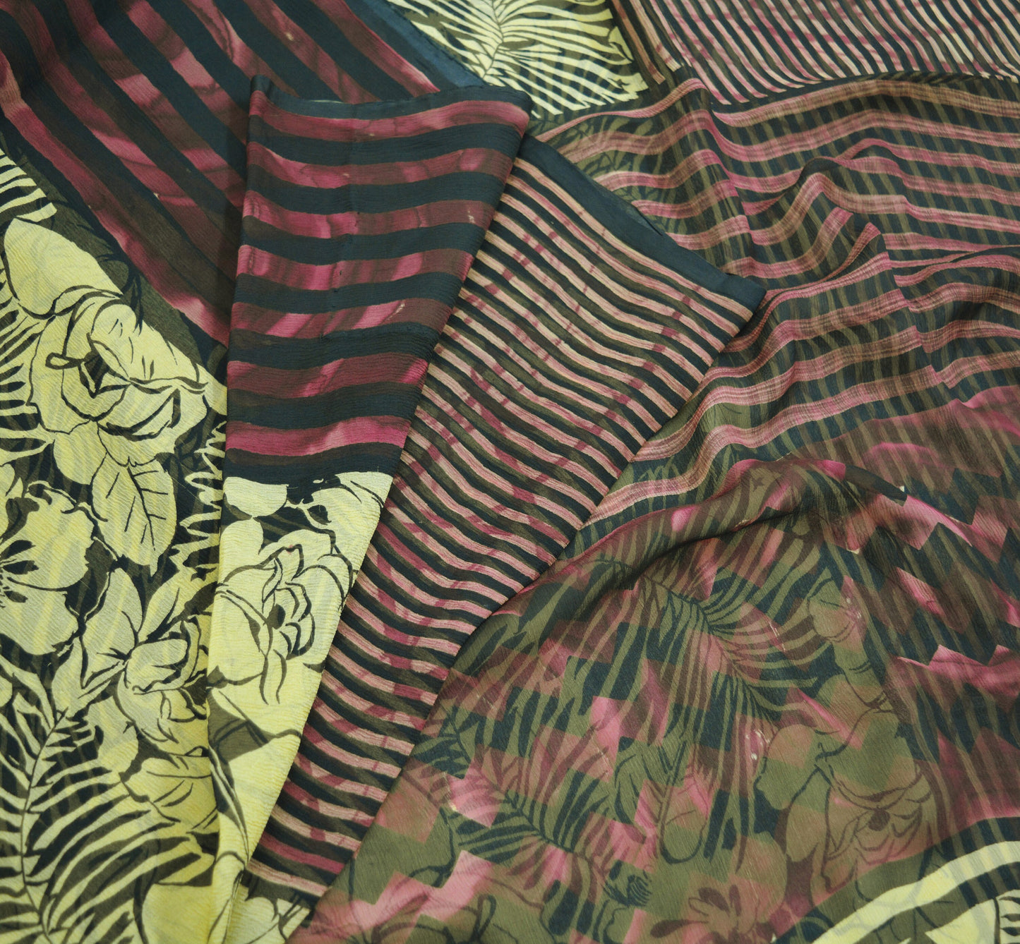 Women Vintage Sari Beige & Black Pure Chiffon Silk Printed Saree Craft Fabric Sewing 5Yard Soft Light Sari Dress Making