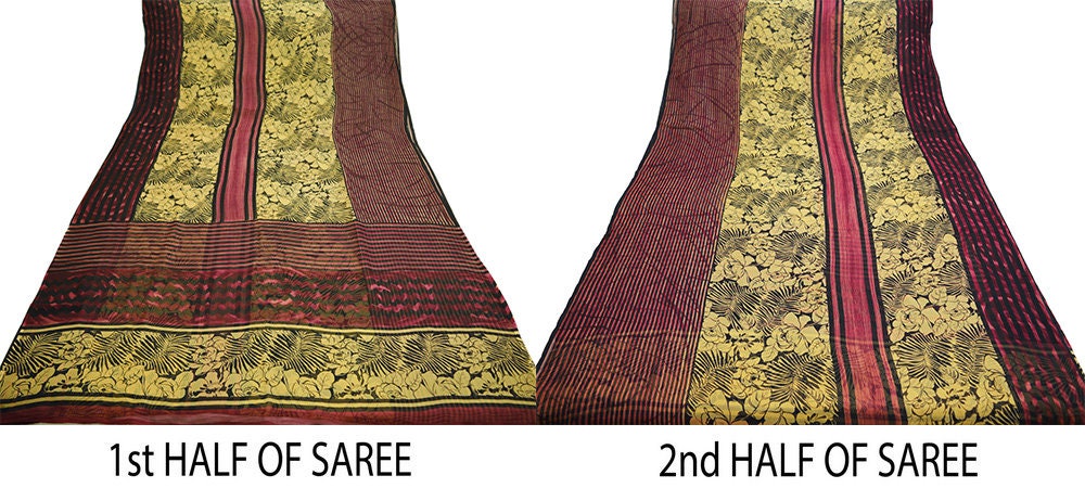 Women Vintage Sari Beige & Black Pure Chiffon Silk Printed Saree Craft Fabric Sewing 5Yard Soft Light Sari Dress Making