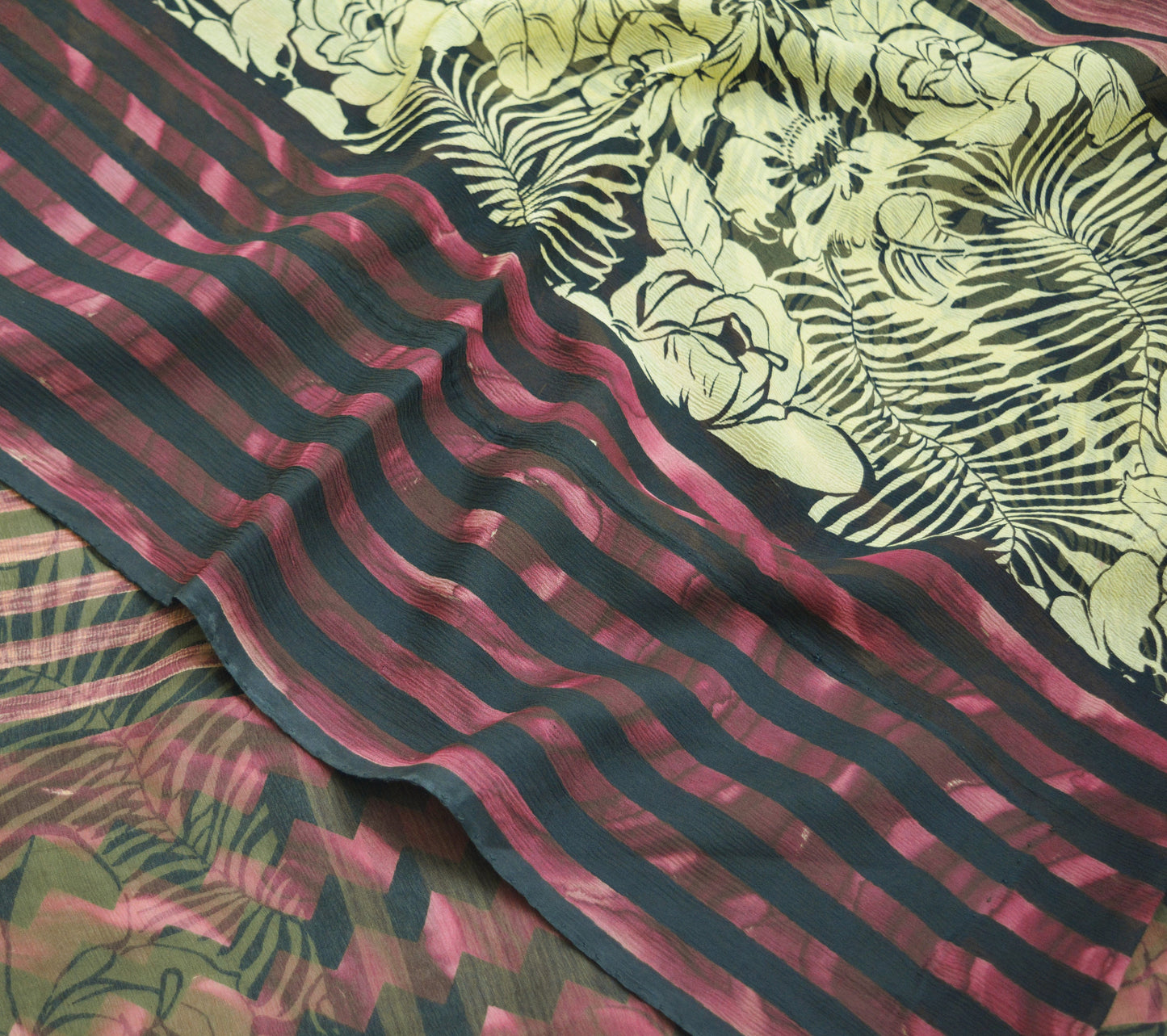 Women Vintage Sari Beige & Black Pure Chiffon Silk Printed Saree Craft Fabric Sewing 5Yard Soft Light Sari Dress Making