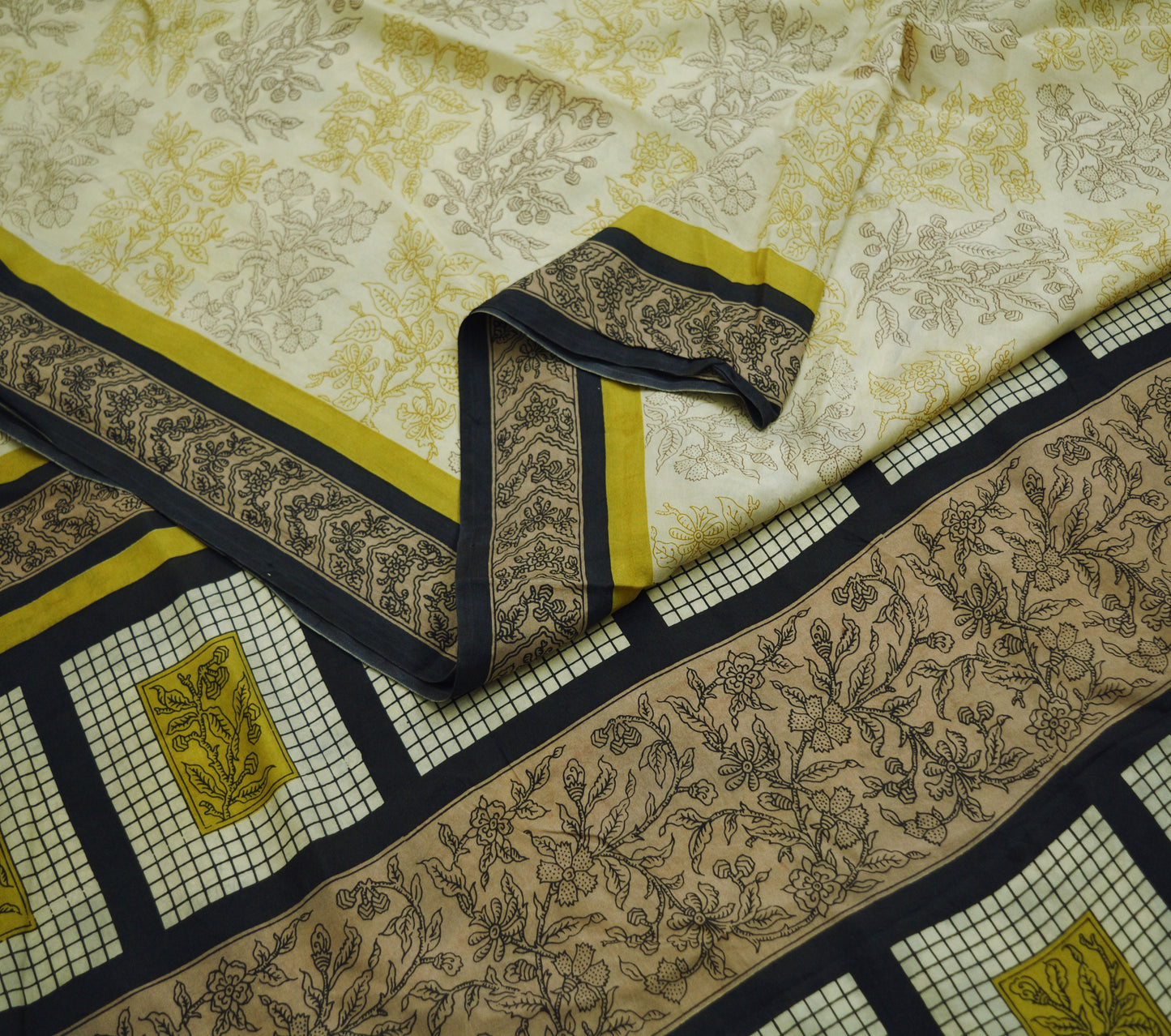 Indian Vintage Sari Cream Pure Silk Printed Saree Fabric 5yard Sewing Craft DressMaking Soft Floral