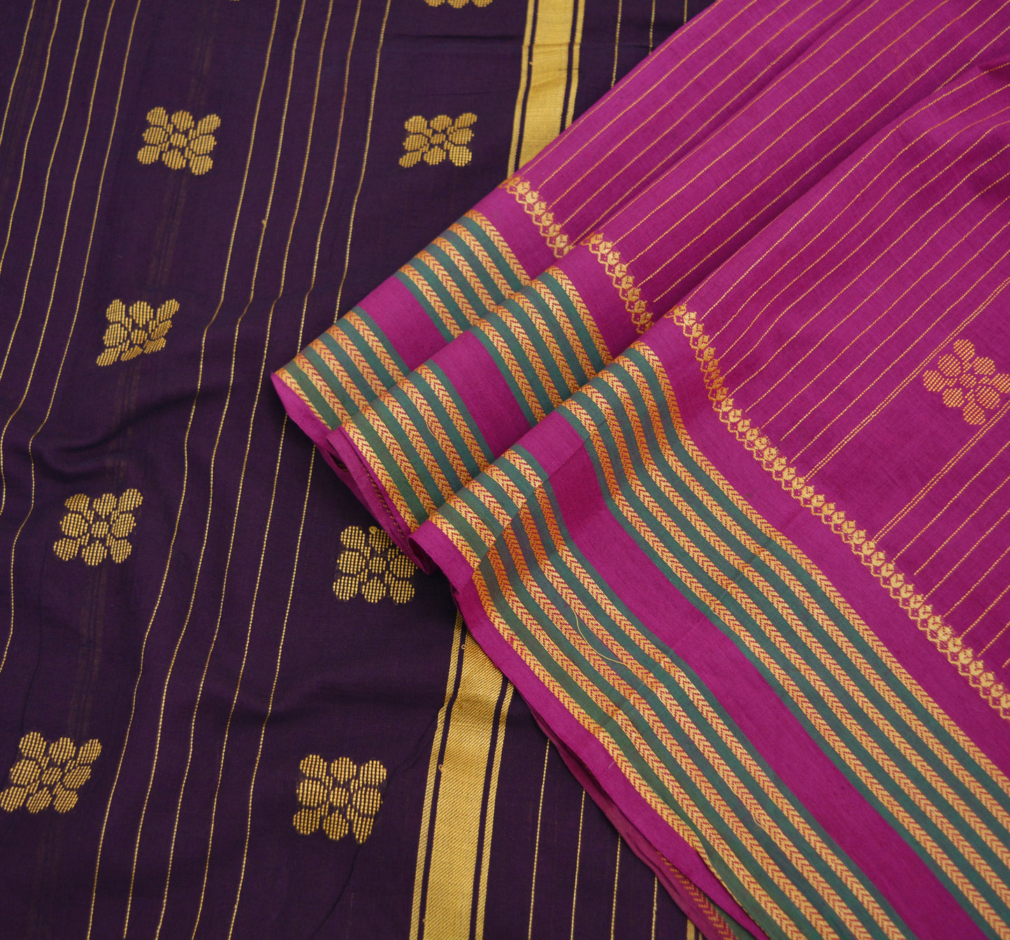 Indian Vintage Sari Purple & Brown Pure Cotton Hand Woven Saree 5yard Ethnic Soft Floral Design