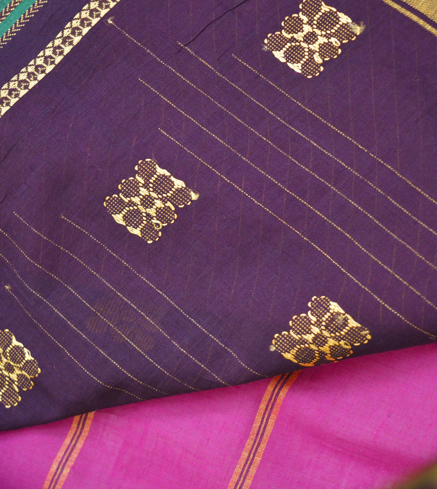 Indian Vintage Sari Purple & Brown Pure Cotton Hand Woven Saree 5yard Ethnic Soft Floral Design